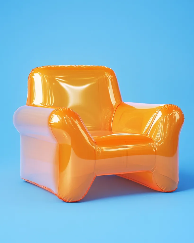 An inflatable armchair in a vibrant orange hue sits against a light blue backdrop.  Its translucent, glossy finish gives the appearance of being filled with a luminous liquid. The chair's design is simple yet modern, with rounded edges and a comfortable-looking form. The image suggests a playful, summery vibe.