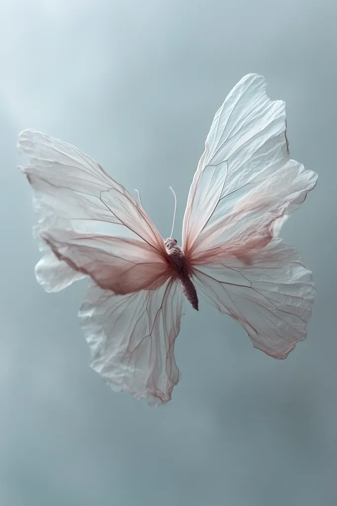 A delicate, ethereal butterfly with pale pink and white wings floats against a soft, blue-grey background.  The wings are translucent, revealing intricate vein-like structures. The image evokes a sense of lightness, fragility, and grace, capturing the butterfly in a moment of serene flight.  The muted tones create a peaceful and calming atmosphere.
