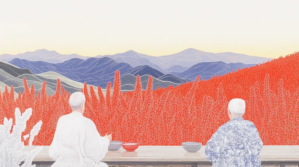 Two elderly figures sit back-to-back at a low table, their backs to the viewer.  Before them stretches a vibrant field of red wheat, contrasting against a serene backdrop of rolling blue mountains under a pale sky.  The scene evokes a sense of quiet contemplation and the beauty of a simple, rural life.  The artwork's style is meticulous and detailed, with a soft color palette.