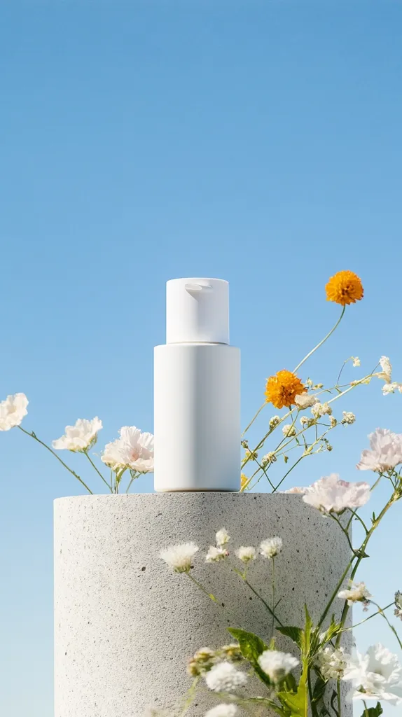A white cylindrical bottle with a pump dispenser sits atop a light gray textured cylindrical pedestal.  Delicate wildflowers in shades of white, pink, and orange surround the base, creating a minimalist and elegant aesthetic against a clear blue sky. The scene evokes feelings of freshness and natural beauty.