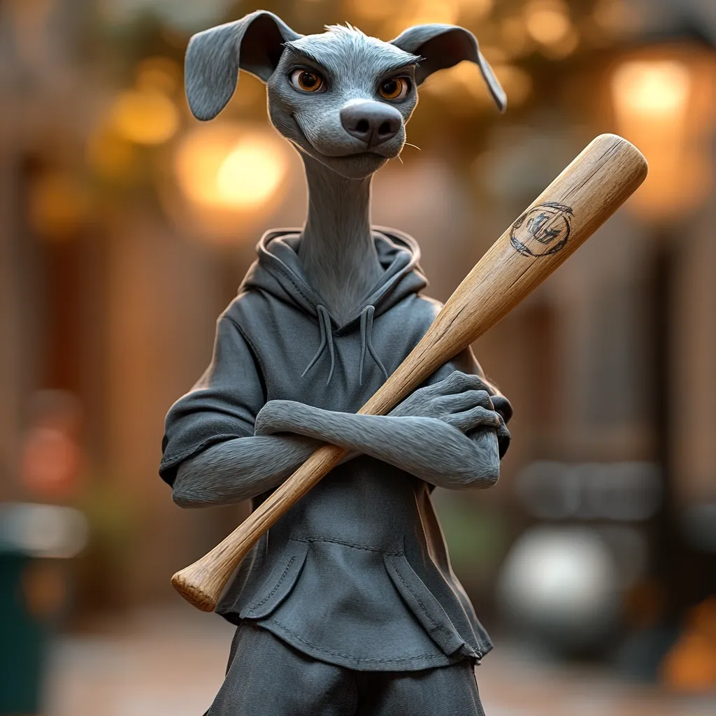 A 3D-rendered image of an anthropomorphic grey dog, sporting a grey hoodie and casually holding a baseball bat across its arms.  The dog has a confident, almost mischievous expression. The background is blurred, suggesting an urban setting at dusk. The overall style is realistic, yet stylized with cartoonish features.