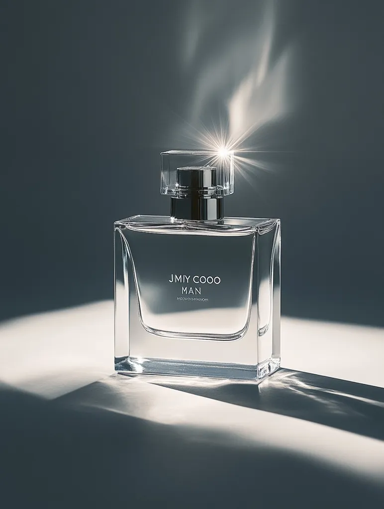 A bottle of JMIY COOO MAN perfume sits on a white surface, illuminated by a spotlight.  The clear glass bottle reveals the perfume inside, with the brand name prominently displayed.  The scene is minimalistic and elegant, emphasizing the perfume's sophisticated design and the subtle scent implied by the light emanating from the bottle.  The overall mood is luxurious and refined.