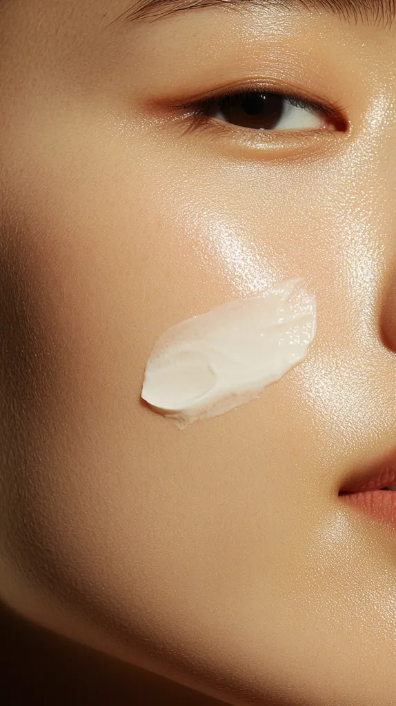 A close-up shot features a person's face, focusing on a section of their cheek and eye.  A dollop of white cream is applied to the cheek, showcasing its texture.  The skin appears smooth and subtly luminous, highlighting the application and potential benefits of the product. The overall aesthetic is clean and minimalist.