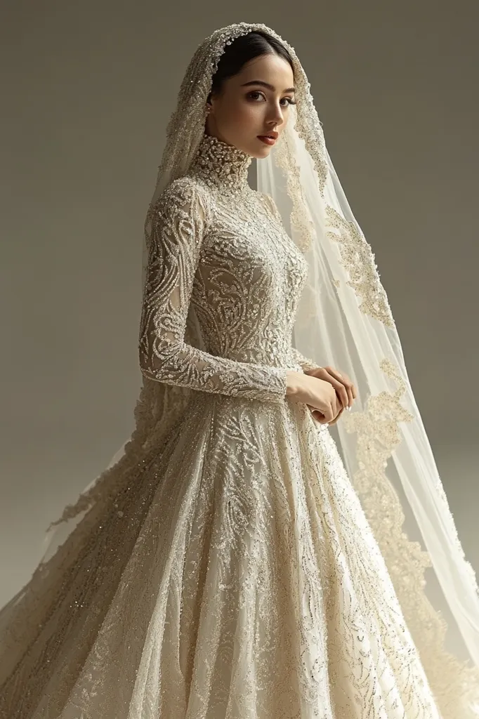 A bride poses in a stunning, intricately beaded wedding gown. The long-sleeved dress features a high neck and a flowing A-line skirt, adorned with delicate embroidery.  A long, sheer veil with lace trim adds to the elegant and ethereal look. The bride's makeup is subtle and enhances her natural beauty. The overall effect is one of timeless sophistication and bridal grace.