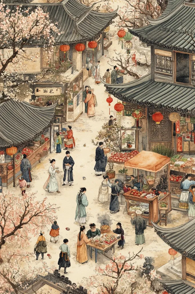 A bustling ancient Chinese market scene unfolds, depicted in a watercolor painting.  People in traditional clothing navigate narrow streets lined with shops and stalls displaying produce and goods.  Cherry blossoms add a touch of spring to the vibrant setting, with red lanterns hanging from buildings, hinting at a festive occasion.  The detailed artwork captures the atmosphere of daily life in a historic Chinese town.