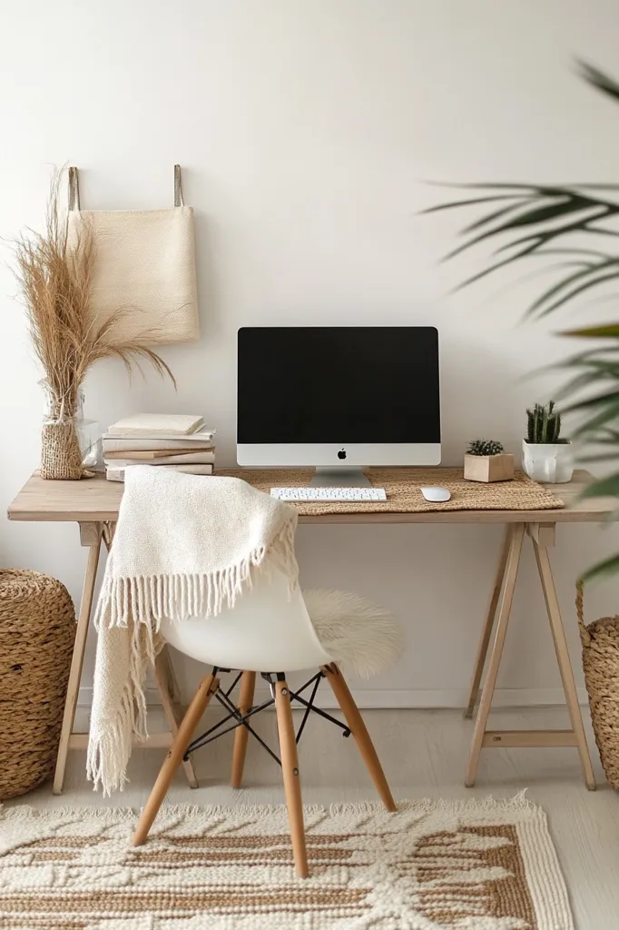 A minimalist workspace features a light wood desk with a white chair, computer, and woven accessories.  Neutral tones dominate, with a beige throw draped over the chair and a jute rug underfoot. Dried pampas grass and small potted plants add natural elements. The overall aesthetic is calm and organized.