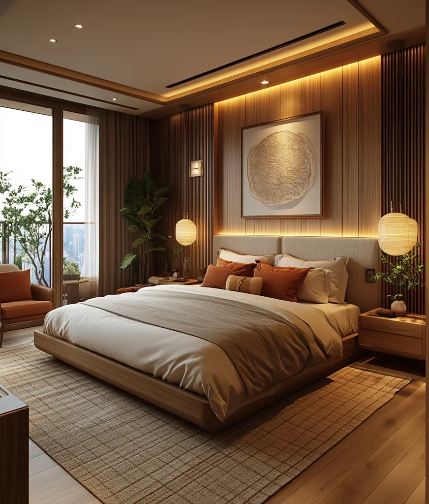 A serene bedroom features a low platform bed with beige linens and burnt orange pillows.  Warm, indirect lighting highlights a wood-paneled wall adorned with a circular artwork.  Natural elements, including plants and wooden accents, contribute to a minimalist, calming atmosphere.  Large windows offer a city view, completing the sophisticated and peaceful design.