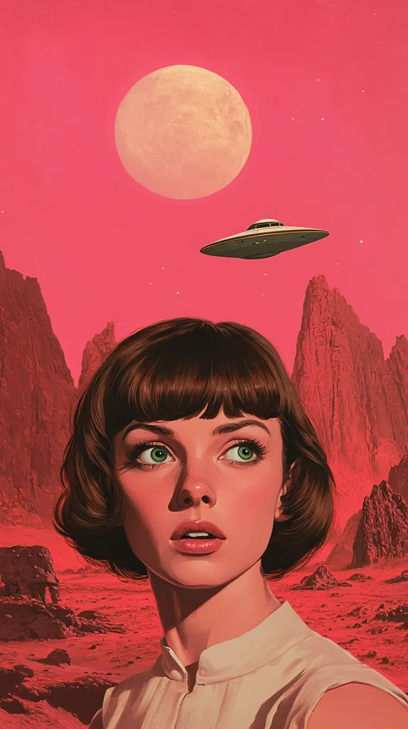 A young woman with a bob haircut and green eyes gazes upward in awe.  Above her, a flying saucer hovers against a vibrant pink sky, a large, pale moon illuminating the scene.  The landscape below is a stark, red desert with rocky formations, creating a dramatic and surreal atmosphere. The overall style is reminiscent of mid-century science fiction art.