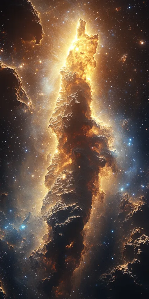A breathtaking cosmic landscape unfolds, showcasing a towering pillar of gas and dust illuminated by a vibrant, golden light.  Surrounding this celestial structure are countless stars, their twinkling light scattered across a deep, dark background. The image evokes a sense of awe and wonder, highlighting the immense scale and beauty of the universe.