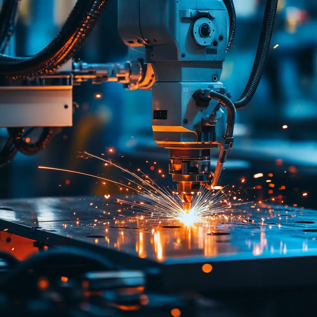 A robotic arm operates a laser cutting machine, precisely etching a metal sheet.  Bright sparks and molten metal fly as the laser cuts through the material, illuminating the industrial setting with fiery orange and blue hues.  The image showcases advanced manufacturing technology in action.