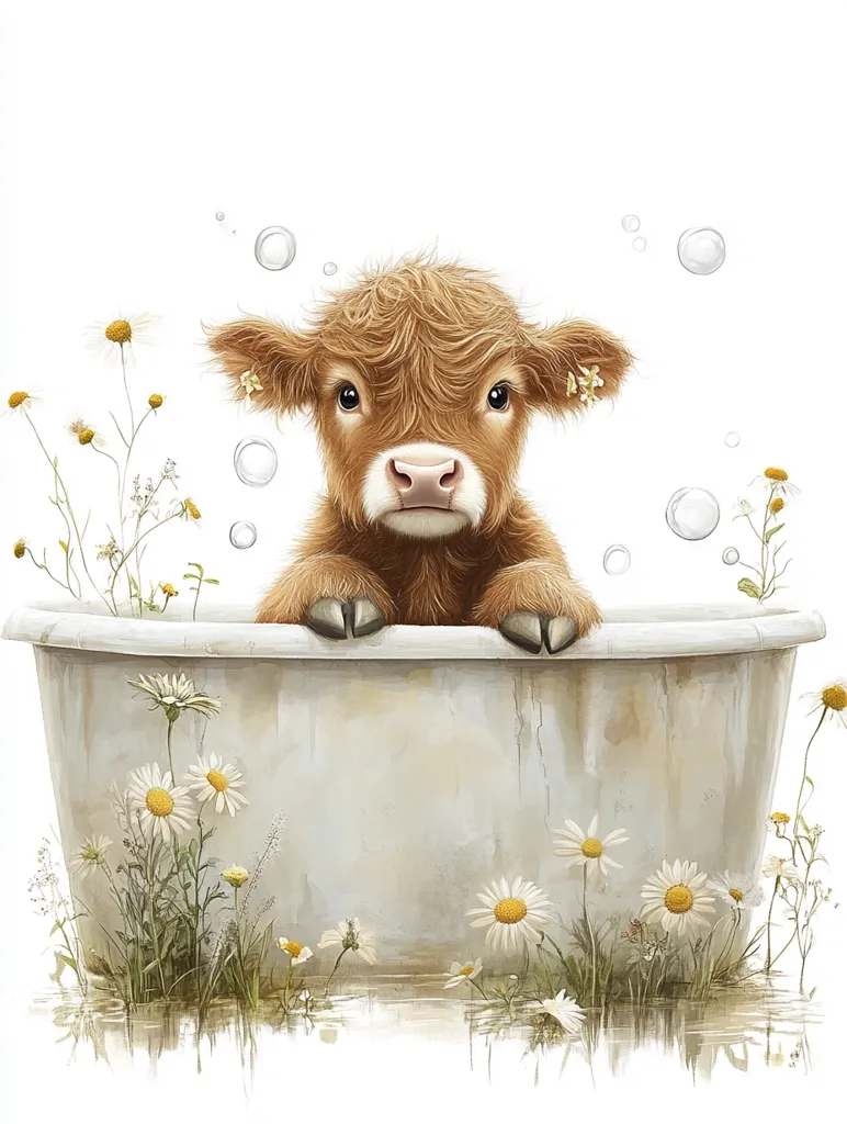 A Highland calf enjoys a bath in a rustic tub, surrounded by daisies and soap bubbles.  The calf's fluffy brown fur contrasts with the soft, muted tones of the tub and wildflowers.  The scene is whimsical and charming, evoking feelings of gentleness and purity. The artwork's style is detailed and realistic, with a soft, dreamy quality.