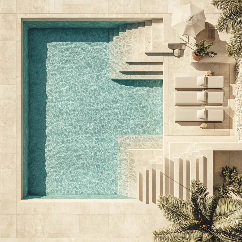 An aerial view of a pristine, rectangular swimming pool with light teal water.  The pool is surrounded by light beige stone paving and features integrated steps leading into the water.  Three lounge chairs with cushions are positioned beside the pool, under a minimalist parasol.  Palm fronds and landscaping complete the tranquil, minimalist scene.