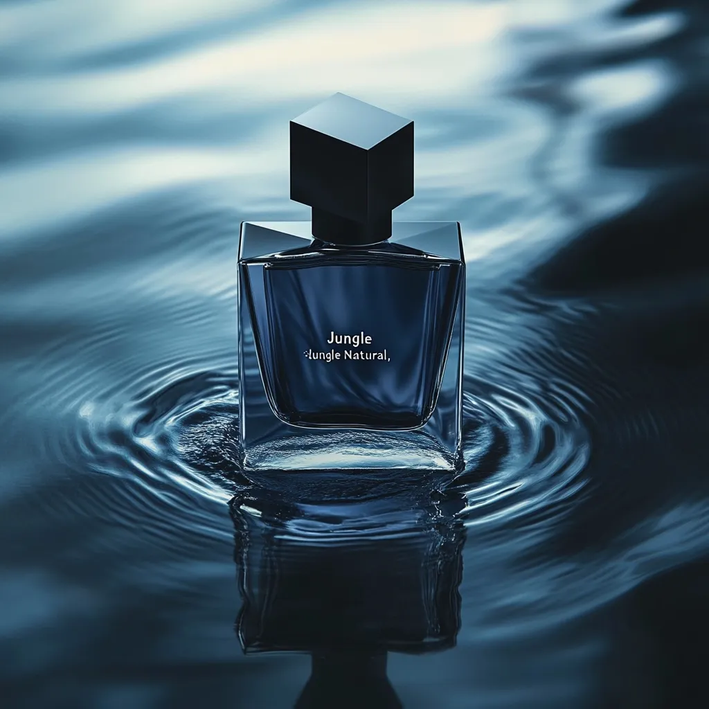 A dark blue perfume bottle, labeled "Jungle - Jungle Natural," sits in the center of a still, dark blue body of water.  The bottle has a unique, angular, black cap.  Ripples spread outwards from the bottle's base, creating concentric circles across the water's surface. The overall mood is sophisticated and mysterious.