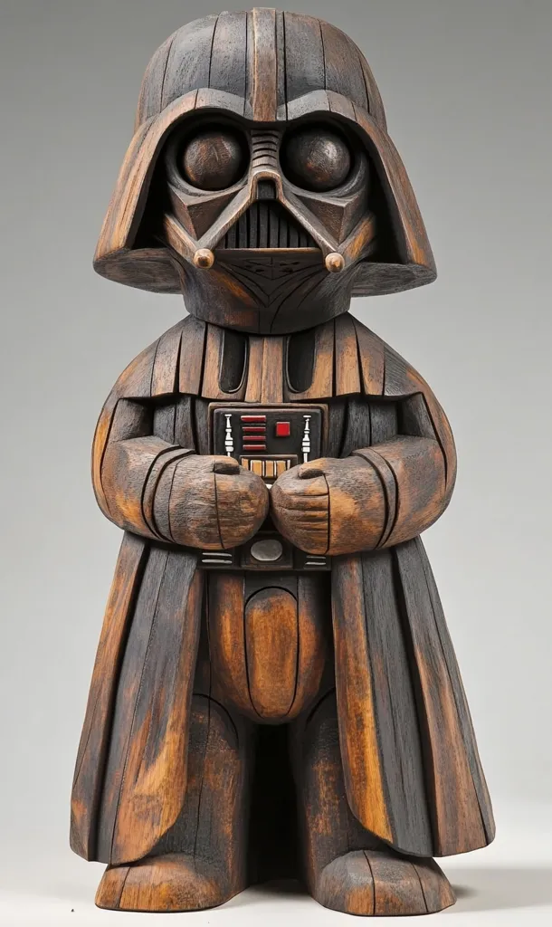 A meticulously carved wooden sculpture of Darth Vader stands majestically.  The dark, rich wood grain enhances the figure's imposing presence.  Details such as the helmet, chest panel, and flowing cape are intricately rendered, showcasing the artist's skill. The stylized features give the iconic villain a unique, almost totemic quality.  The dark wood and simplistic design create a powerful and visually arresting piece.