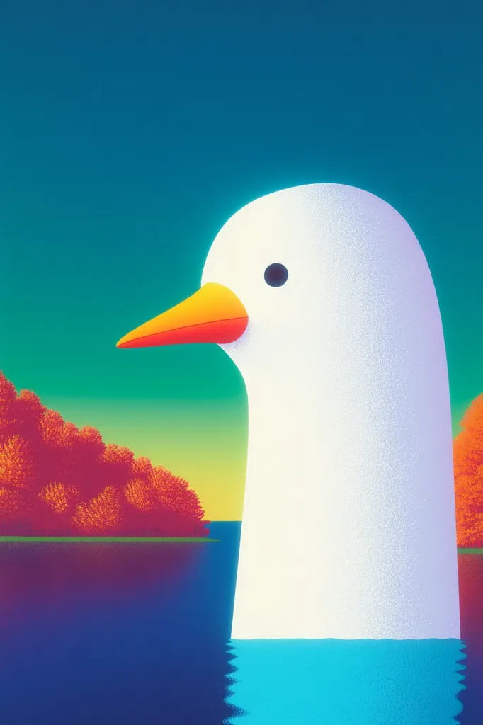A stylized illustration depicts a large, white bird, possibly a goose or swan, floating on vibrant turquoise water.  Its beak is a bright orange-yellow.  The background features a gradient sky transitioning from teal to yellow, with stylized reddish-orange bushes on either side of the water. The overall style is minimalist and graphic.