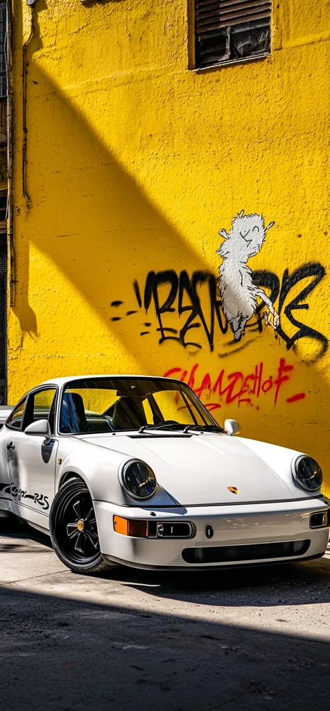 A white Porsche 911 Carrera RS is parked in an alleyway with a bright yellow wall featuring graffiti.  The car is sharply in focus, contrasting with the blurry background. Sunlight casts a strong shadow, highlighting the car's sleek design and the textured wall.  The graffiti includes black tags and a whimsical white drawing. The overall image is a stylish blend of vintage car and urban art.