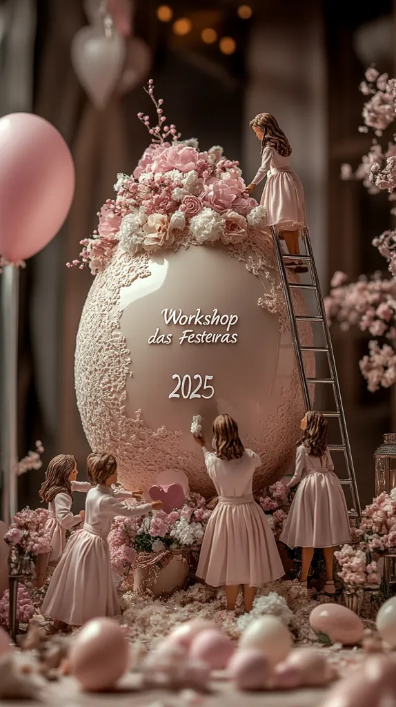 A large, intricately decorated Easter egg, inscribed "Workshop das Festeiras 2025," is the centerpiece.  Miniature figures in pink dresses decorate it, surrounded by pink blossoms and pastel-colored eggs.  The scene is romantic and whimsical, suggestive of a celebratory event or workshop.  Pink balloons and delicate floral arrangements complete the elegant display.