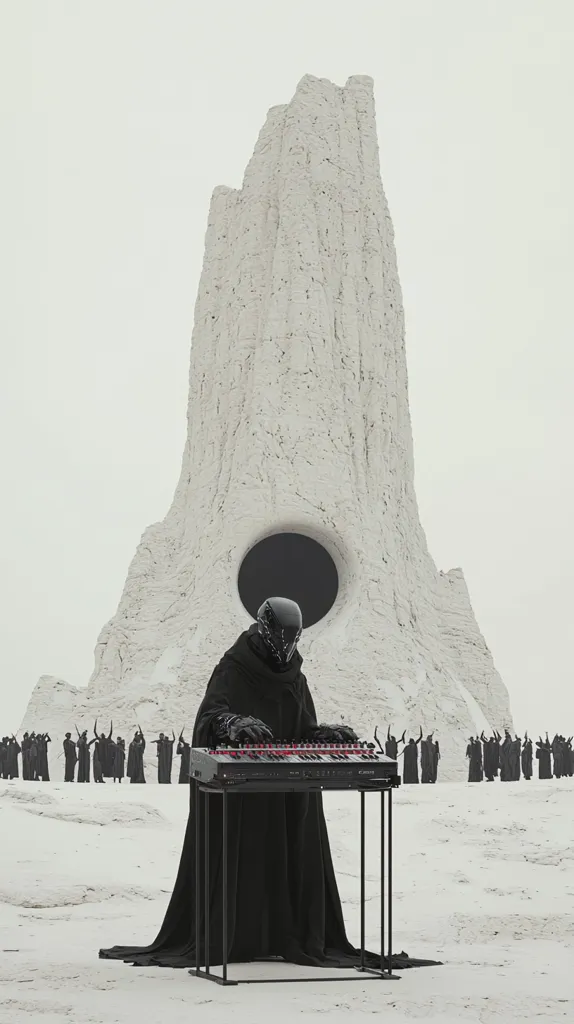 A cloaked figure, wearing a helmet, plays a keyboard in a desolate, snowy landscape.  A towering, white, eroded rock formation dominates the background, featuring a large, dark circular opening.  A line of figures stands in the distance, adding to the surreal and otherworldly atmosphere.  The scene is monochromatic, with shades of white, black, and gray.
