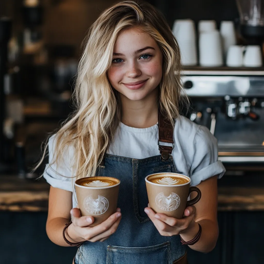 A young woman with long blonde hair smiles warmly while holding two takeaway cups of latte art coffee. She wears a denim apron over a white t-shirt, working in a coffee shop setting.  The background is blurred but shows a coffee machine and other coffee shop paraphernalia. Her expression is friendly and inviting.
