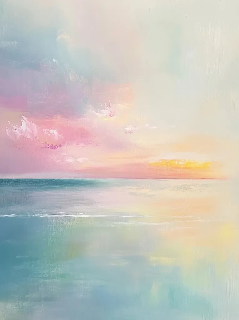 A pastel-colored seascape painting depicts a calm ocean meeting a soft, dreamy sky.  Pink, peach, and pale yellow hues dominate the horizon, while the water is rendered in tranquil blues and greens.  The style is impressionistic, with loose brushstrokes creating a sense of serenity and gentle movement. The overall effect is one of peaceful beauty and ethereal calm.
