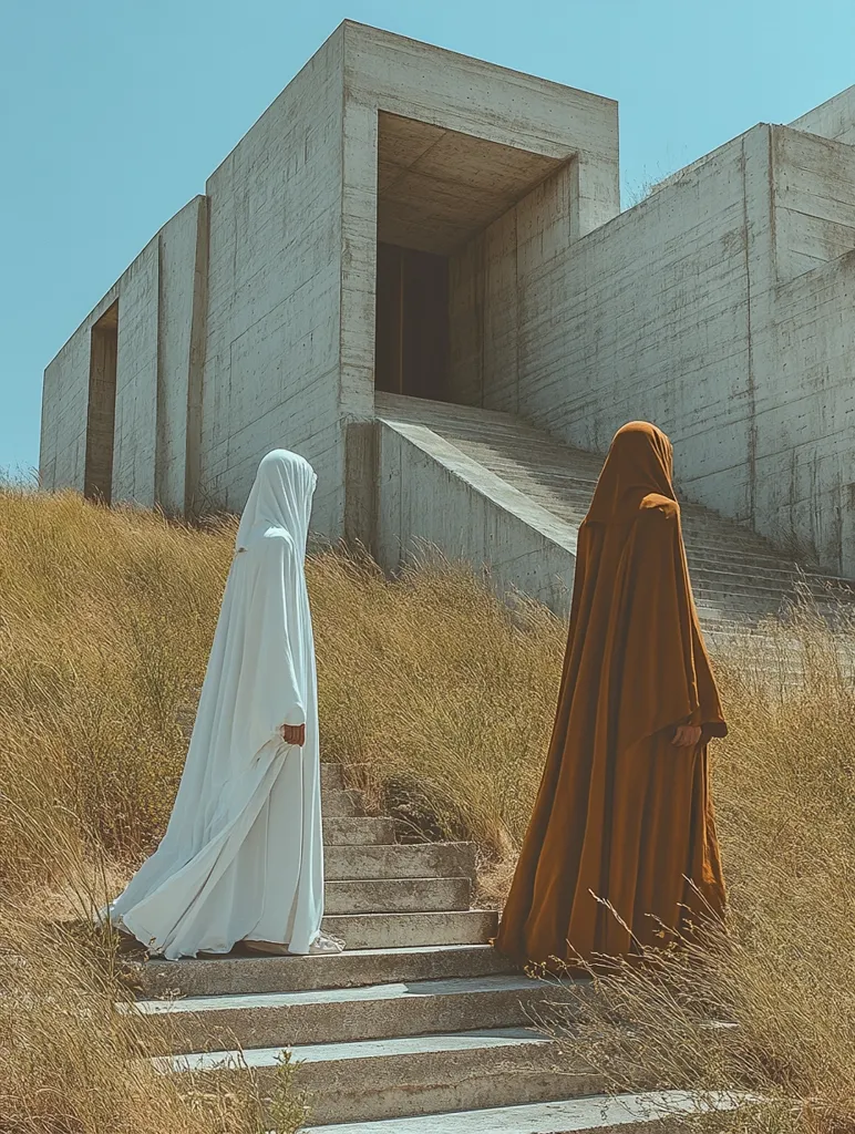 Two figures, cloaked in flowing white and rust-colored robes, ascend a concrete staircase leading to a minimalist, Brutalist-style building. The structure, composed of large, grey concrete blocks, features a recessed entrance and stark lines against a clear blue sky.  Tall, dry grasses frame the scene, emphasizing the serene, almost desolate atmosphere.