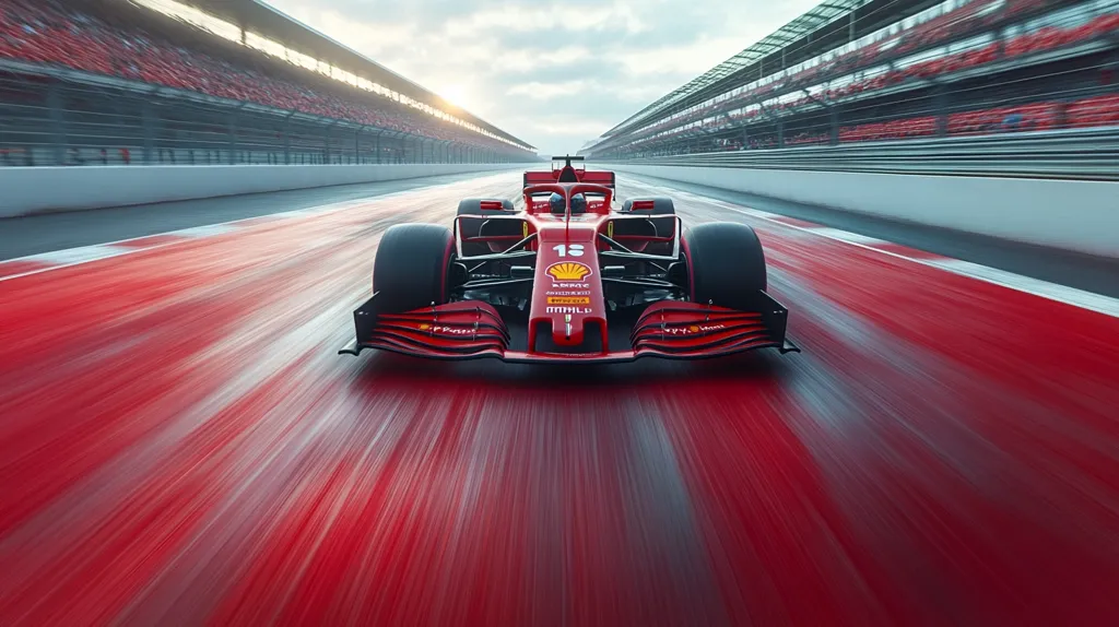 A vibrant red Formula 1 race car speeds down a track, leaving a blur of motion.  The car, number 16, is sharply in focus against a background of blurred stands and track.  The perspective is from behind the car, emphasizing its speed and the dynamic energy of the race. The red track contrasts with the grey barriers, creating a visually striking image.