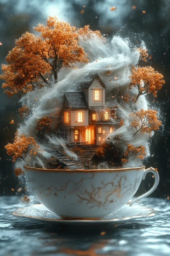 A whimsical digital artwork depicts a miniature house nestled within a swirling cloud of autumnal leaves and mist, all contained within a large ornate teacup.  The house glows warmly, contrasting with the cool tones of the surrounding fog. The scene is dreamlike and surreal, evoking a sense of tranquility and wonder.  The teacup sits on a saucer, partially submerged in a reflective surface.