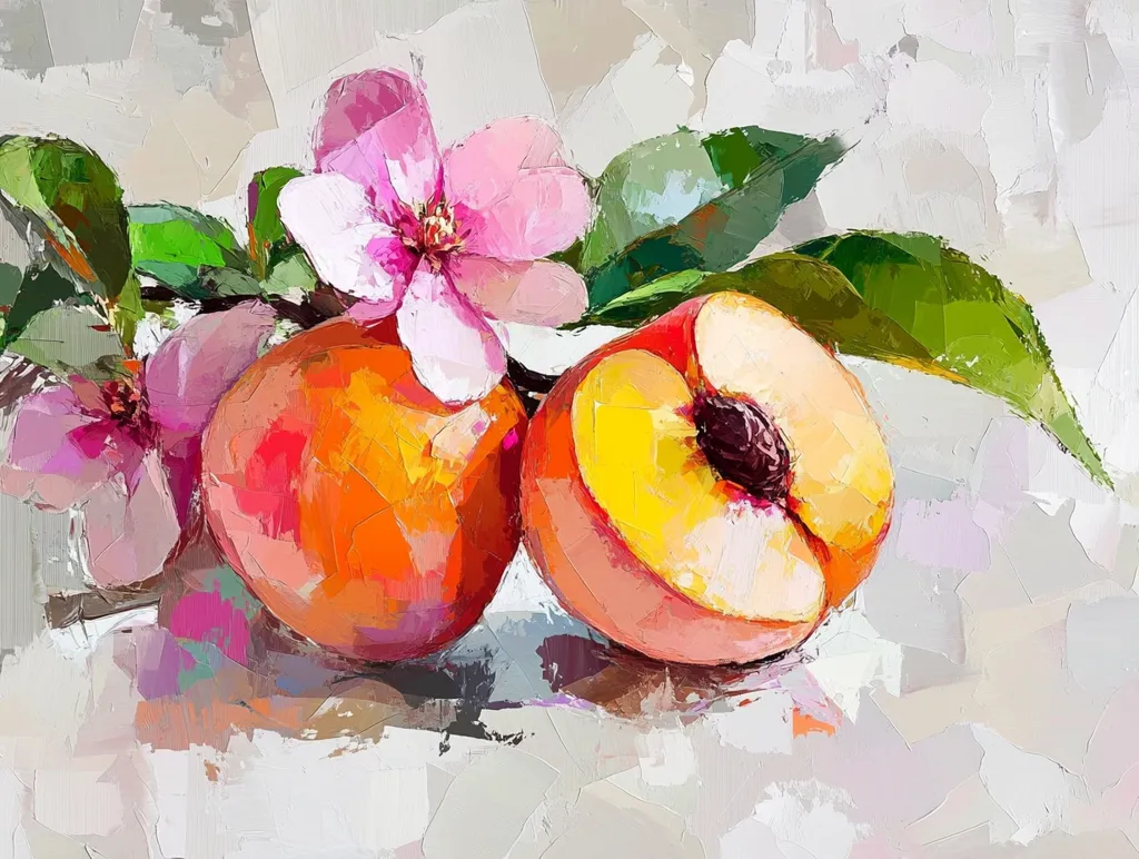 A vibrant oil painting depicts two peaches, one sliced open, nestled amongst blossoming pink flowers and lush green leaves.  The artist uses thick, textured brushstrokes to create a sense of impasto, highlighting the juicy texture of the fruit and the delicate petals.  The background is a soft, neutral palette that complements the bright colors of the subject. The overall effect is a cheerful and lively still life.