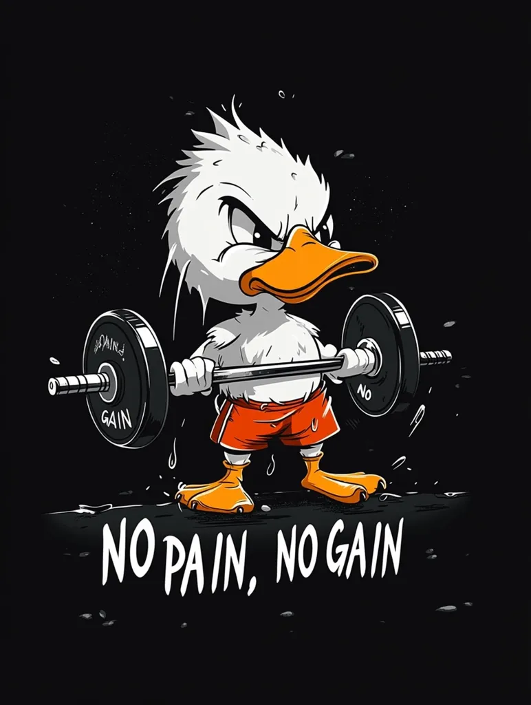 A cartoon duck with an angry expression is depicted lifting a barbell.  The duck is wearing orange shorts and is powerfully straining.  The words "NO PAIN, NO GAIN" are prominently displayed below the image, emphasizing a fitness or motivational theme. The style is bold and graphic, set against a black background. Water droplets suggest exertion.