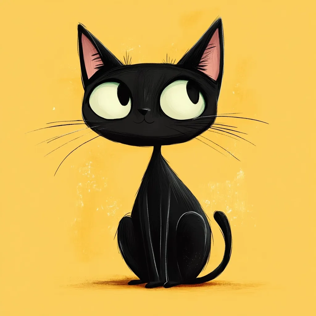 A stylized illustration of a black cat sits against a pale yellow background.  The cat has large, expressive eyes and a slightly mischievous grin. Its fur is depicted with textured brushstrokes, giving it a soft yet defined appearance. The overall style is playful and whimsical, evoking a sense of charm and friendliness. The cat's pose is relaxed, suggesting a calm and content demeanor.