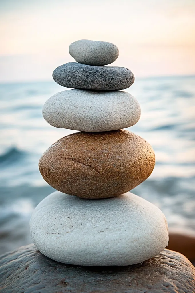 A stack of five smooth, naturally-colored stones rests precariously balanced on a larger, darker rock.  The stones, varying in shades of gray, white, and brown, are arranged in a pyramid shape against a blurred background of a calm ocean and serene sky. The scene evokes a sense of peace and tranquility.