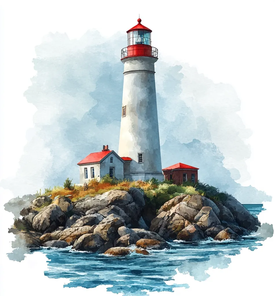 A watercolor painting depicts a picturesque lighthouse standing tall on a rocky outcrop.  The lighthouse, with its white tower and red roof, is surrounded by smaller buildings and rugged, dark grey rocks.  Gentle waves lap at the shore, creating a serene coastal scene under a soft, cloudy sky. The overall style is impressionistic, with soft color blends creating a peaceful atmosphere.