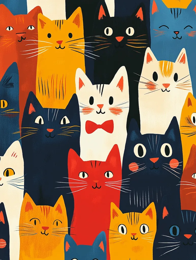 A vibrant illustration features a multitude of stylized cats in various colors, including orange, red, black, white, and blue.  The cats are depicted in a close-knit arrangement, their cheerful expressions and simplified features contributing to a playful and charming aesthetic.  The bold color palette and graphic style create a visually engaging image.