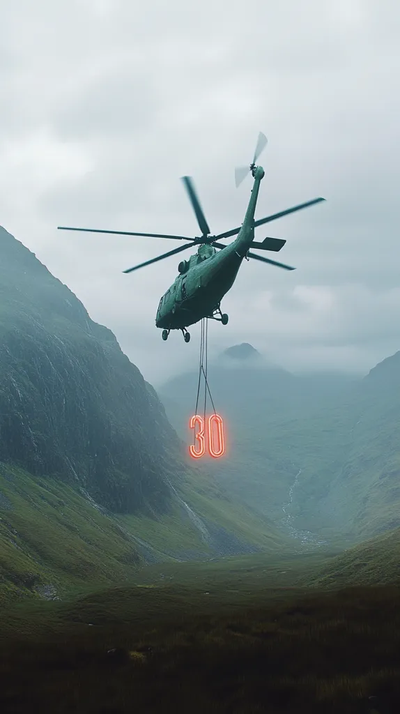 A military helicopter hovers over a vast, verdant valley shrouded in mist.  The helicopter is carrying a neon-lit number '30' suspended beneath it.  The mountainous landscape is dramatic, with steep, green slopes descending into the valley floor. The overall atmosphere is moody and atmospheric.