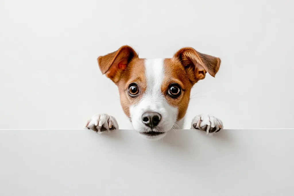 An adorable Jack Russell Terrier puppy peeks over a blank white sign, its paws resting on the surface.  Large, expressive brown eyes and a curious expression capture attention. The dog's tan and white fur contrasts nicely against the simple backdrop, creating a clean and appealing image.  The blank space offers room for text or a logo.