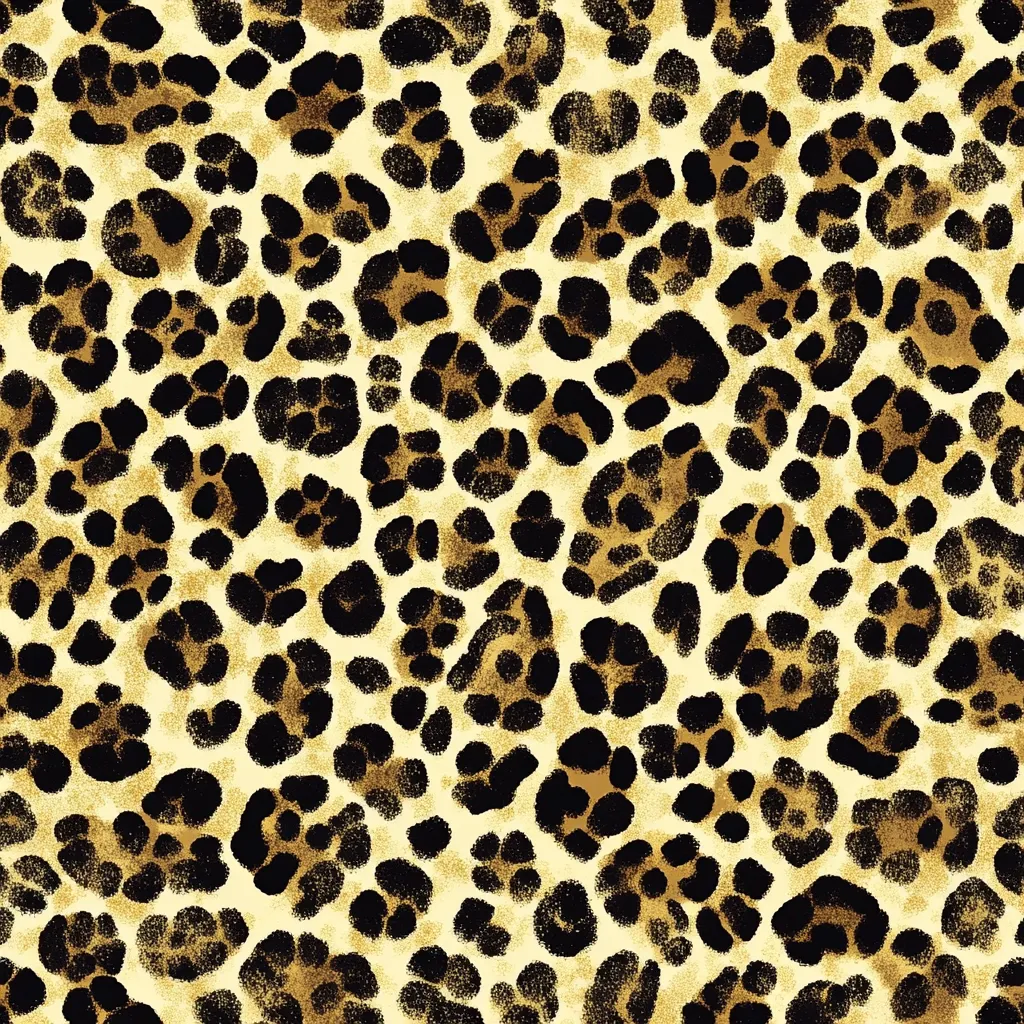 The image shows a seamless pattern of leopard print.  The background is a pale yellow-beige, and the spots are dark brown and black, varying in size and shape.  The texture appears slightly grainy, giving a realistic animal print effect.  The pattern is dense and repetitive, suitable for fabric, wallpaper, or other design applications.