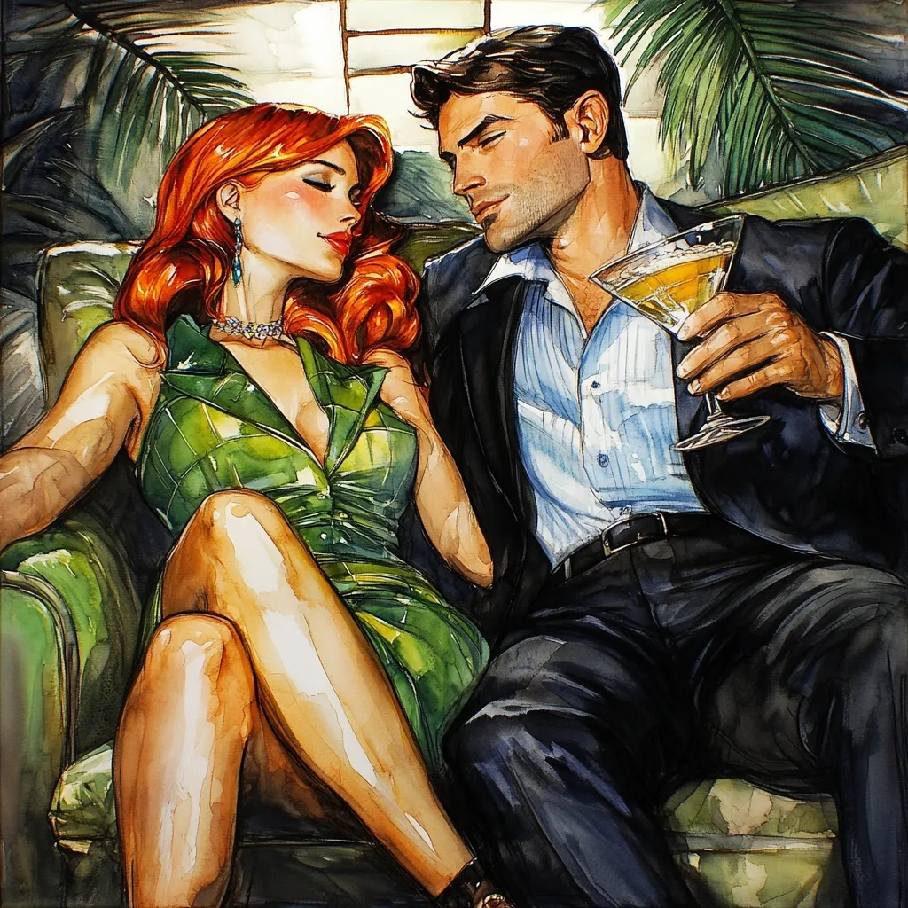 A watercolor painting depicts a romantic scene. A red-haired woman in a green dress sits intimately beside a man in a dark suit.  He holds a cocktail glass, and she rests her head slightly against him.  The setting suggests a luxurious, tropical location with lush foliage visible in the background. The painting's style is evocative and suggestive of intimacy and sophistication.