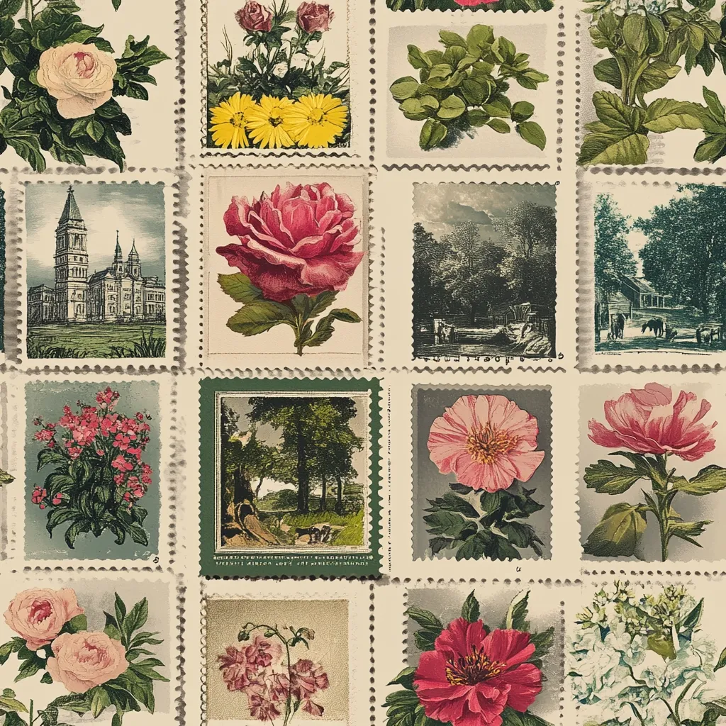 A vintage wallpaper design features a collage of postage stamp-like images.  Each "stamp" depicts various subjects including roses, other flowers, landscapes, and buildings. The overall color palette is muted, with greens, pinks, and beige tones dominating. The style evokes a nostalgic, romantic feeling.  The repeating pattern is visually appealing and densely packed with detail.