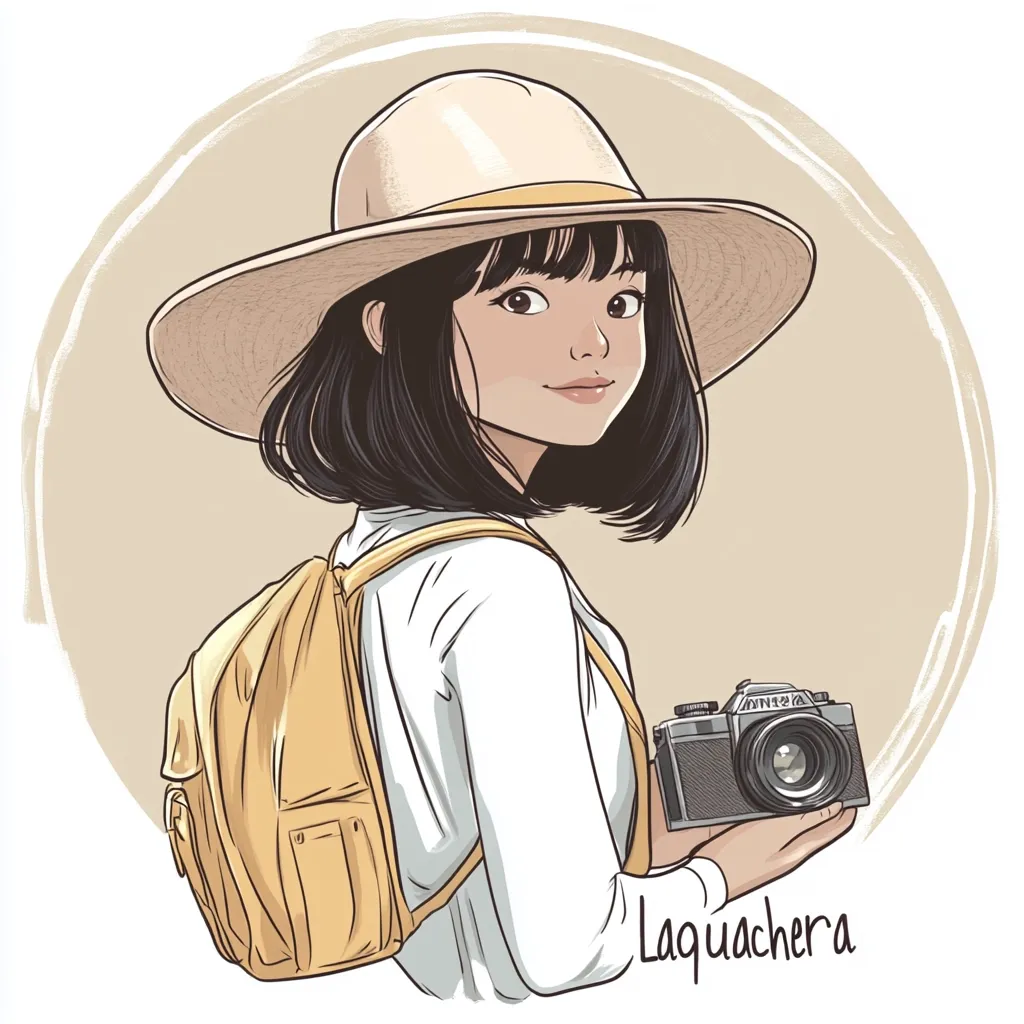 An illustration of a young woman with short black hair, wearing a wide-brimmed hat and a light yellow backpack. She's holding a vintage camera, suggesting a traveler or photographer.  Her expression is serene and confident. The style is clean and slightly cartoonish, with a soft color palette dominated by beige and pale yellow tones. The artist's signature, Laquachera, is subtly placed at the bottom.