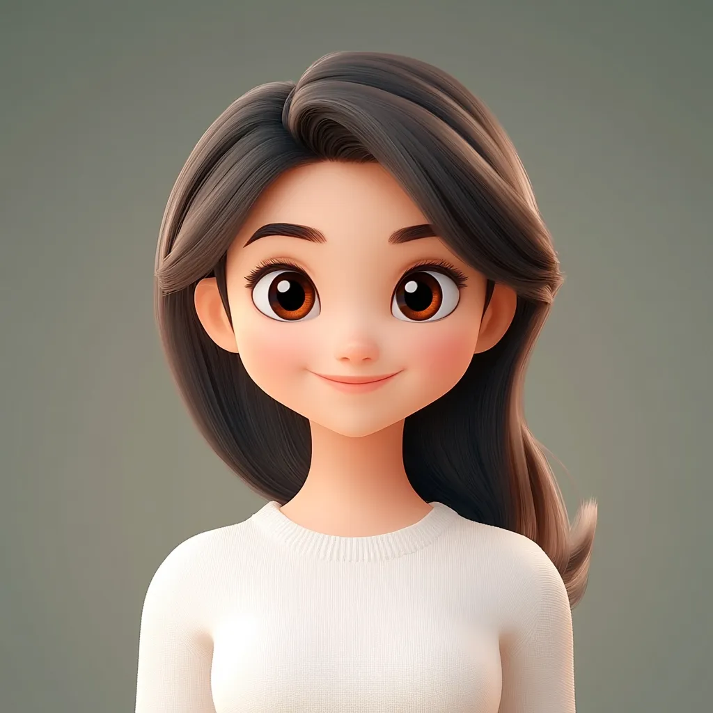 A 3D-rendered image of a cute cartoon girl with long brown hair and large, expressive brown eyes.  She has a gentle smile and is wearing a simple, off-white sweater.  Her features are soft and rounded, creating a friendly and approachable appearance. The style is reminiscent of modern animation or digital art. The background is a muted olive-green.