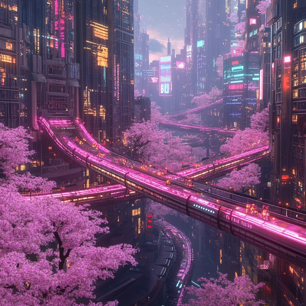 A futuristic cityscape bathed in neon pink and purple light. Elevated roadways and trains weave through towering buildings adorned with vibrant signage.  Cherry blossom trees bloom amidst the urban sprawl, creating a striking contrast between nature and technology.  The scene evokes a feeling of both technological advancement and serene beauty.