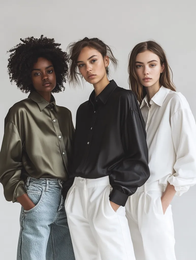Three young women of diverse ethnicities pose against a neutral background. Each wears a collared button-up shirt in a different color: olive green, black, and white. The woman in the black shirt pairs it with white high-waisted pants, while the other two wear jeans. Their hairstyles vary, reflecting individual style.  The image conveys a sense of effortless chic and modern fashion.