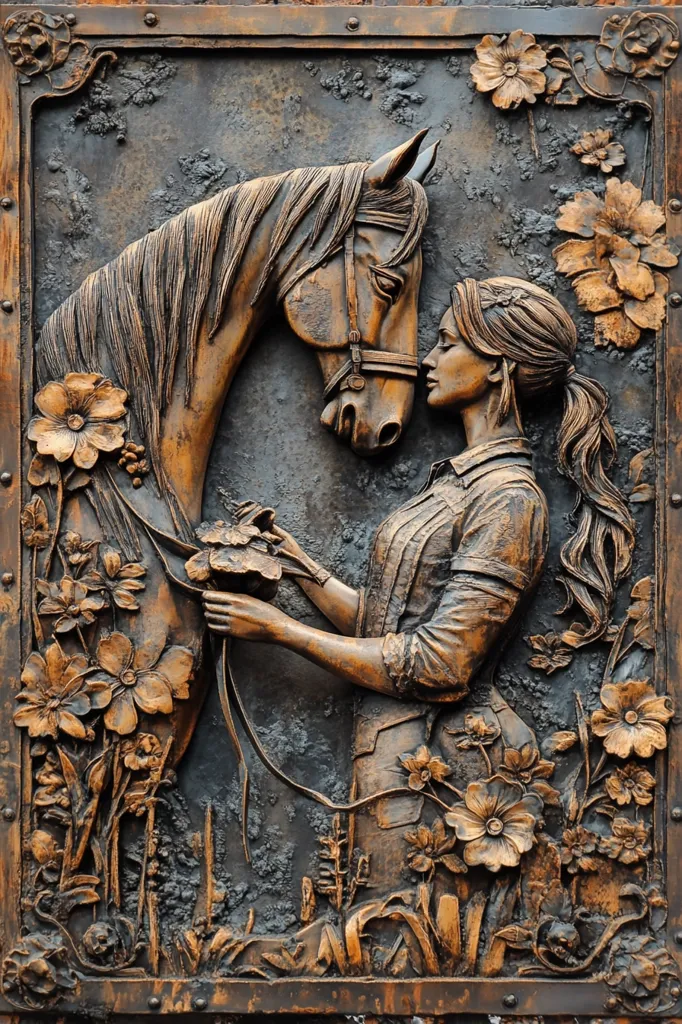 A bronze bas-relief depicts a young woman with long hair, dressed in a long-sleeved shirt, gently interacting with a horse.  The horse's head is nuzzled close to the woman's.  Intricate floral carvings frame the central figures, creating a detailed and textured scene. The overall tone is dark bronze with hints of lighter highlights, giving the piece a rustic and elegant feel.