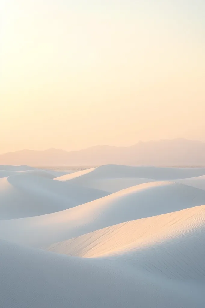 Soft, pastel-colored dunes stretch across the landscape under a pale sky.  The gentle curves of the sand are bathed in the warm light of either sunrise or sunset.  Distant, hazy mountains form a faint backdrop to the serene, minimalist scene. The overall effect is one of peaceful tranquility.