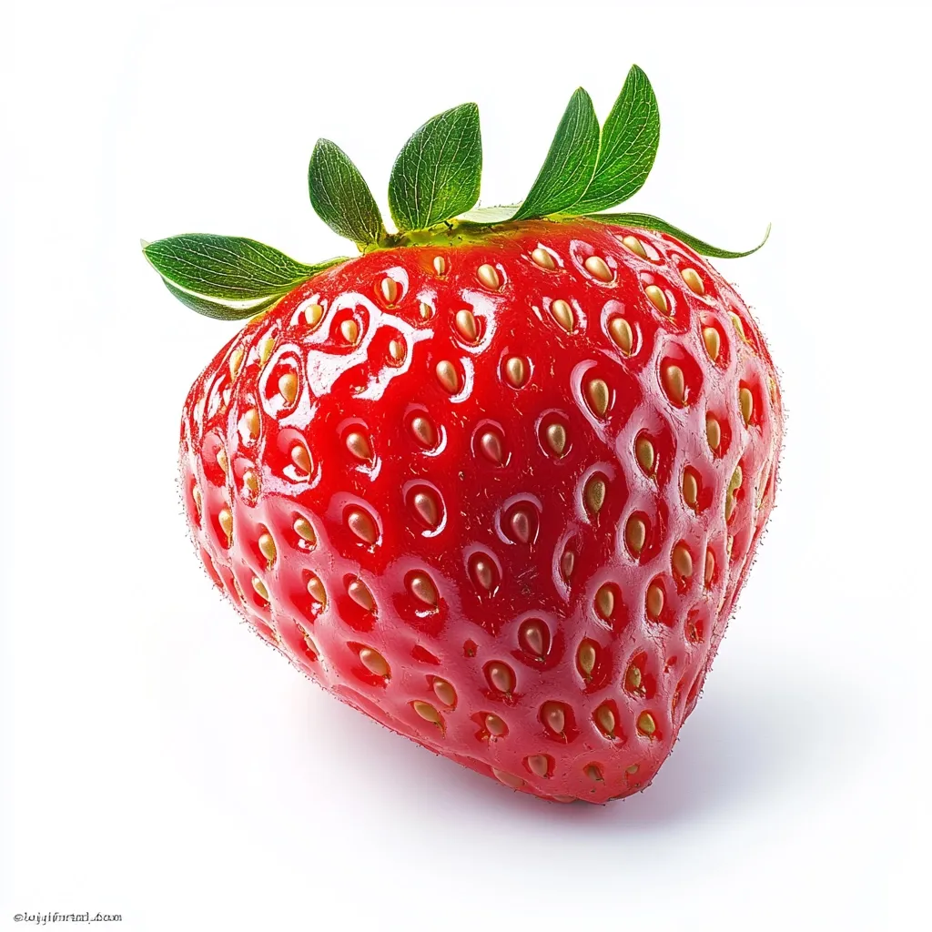 A single, ripe strawberry is shown in a close-up shot against a white background.  Its vibrant red color is glossy, highlighting the numerous achenes on its surface.  Fresh green leaves crown the top, adding a contrast of color and texture.  The strawberry's shape is full and slightly irregular, suggesting natural growth.