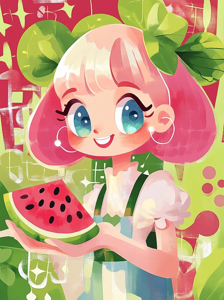 A cheerful cartoon girl with pink hair and green bows holds a slice of watermelon.  Her large, expressive eyes and bright smile convey happiness.  The illustration style is vibrant and playful, featuring a textured background with green foliage and hints of red. The overall mood is lighthearted and summery.