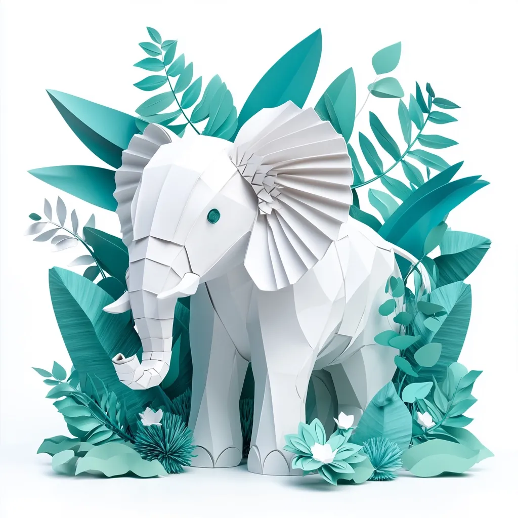 A white papercraft elephant stands amidst a vibrant teal paper foliage.  The elephant is intricately folded, showcasing a geometric design.  The surrounding plants, including leaves and flowers, are equally detailed, creating a visually appealing contrast between the animal and its environment.  The scene is set against a clean, white background.
