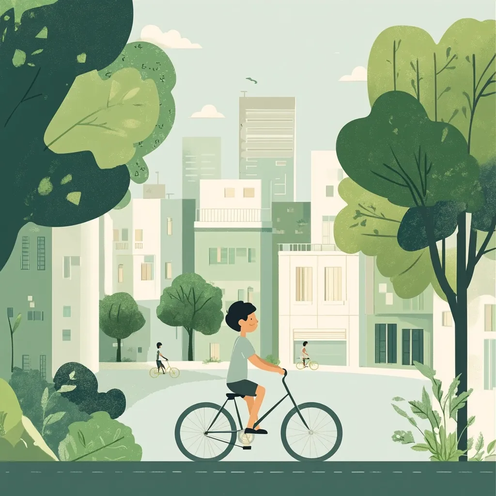 A stylized illustration depicts a young person leisurely cycling through a city park.  Lush green trees and verdant landscaping frame the scene, contrasting with muted green apartment buildings in the background.  Other cyclists are visible in the distance, creating a peaceful and idyllic urban setting. The style is simple and charming, emphasizing a harmonious blend of nature and city life.