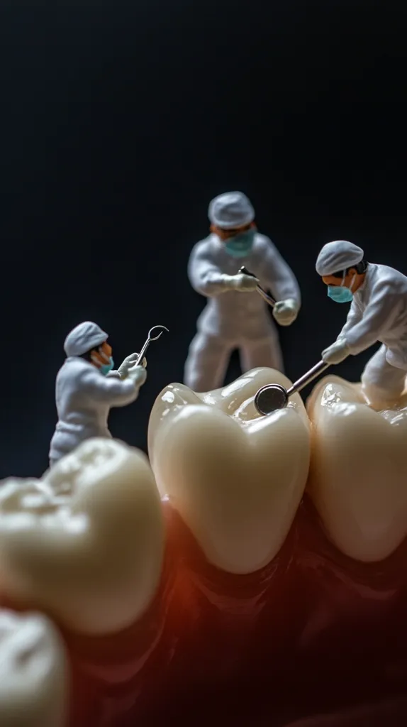Miniature dentists, clad in white protective suits and masks, meticulously work on a large model tooth.  They use tiny dental tools with precision, focusing intently on their task. The detailed model showcases the complexity of dental work. The dark background emphasizes the miniature scene, highlighting the dentists' concentration and the scale of the operation.