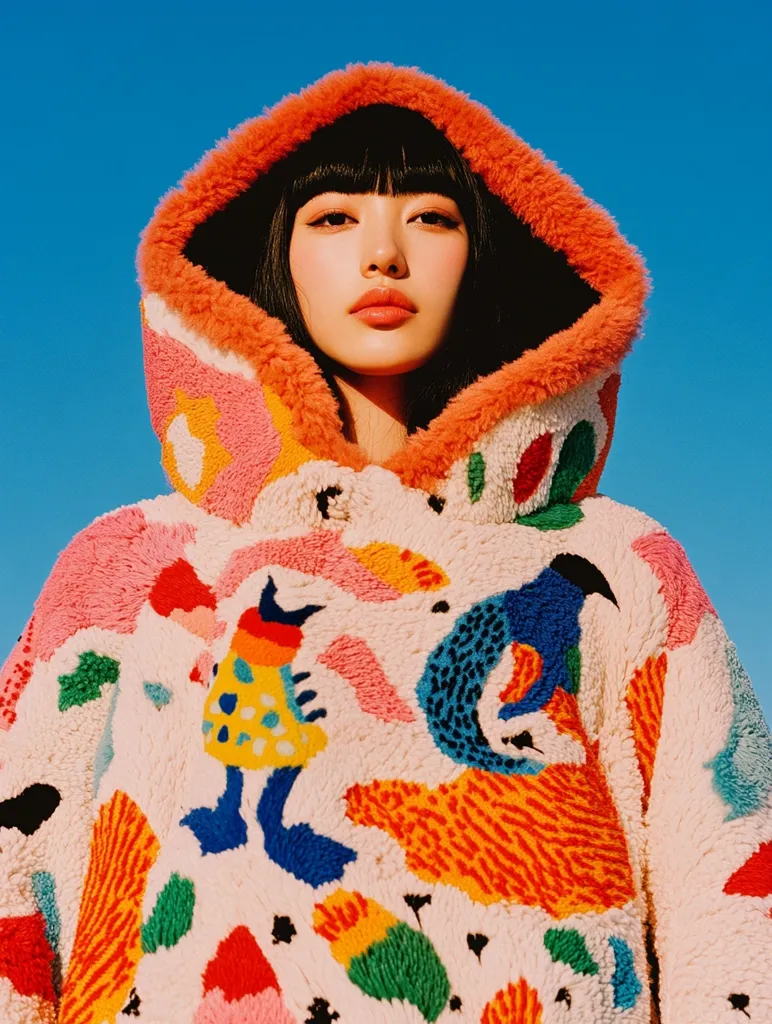 A young woman with dark, straight hair and bangs models a vibrant, cream-colored hoodie. The hoodie features a fuzzy texture and is adorned with a playful, abstract design in bright oranges, pinks, blues, and greens.  She wears the hood up, framing her face against a clear blue sky. The overall style is bold, colorful, and playful.
